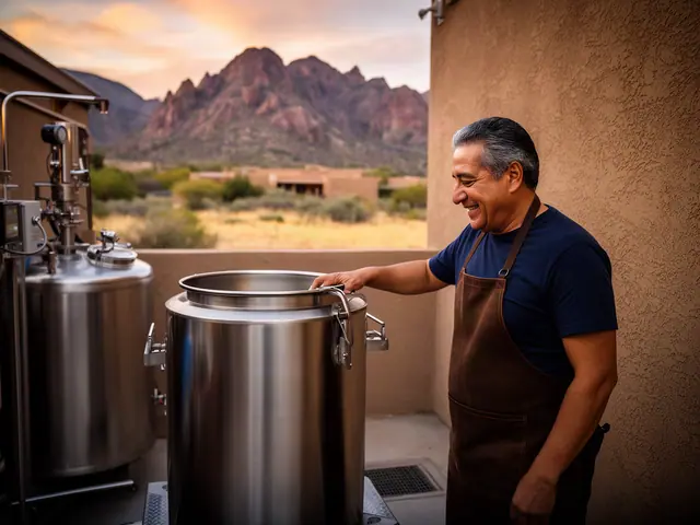A man with short graying black hair beside new equipment in a small brewpub.