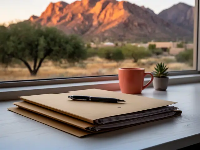 A neat stack of closed manila folders and a pen on a desk by a window.