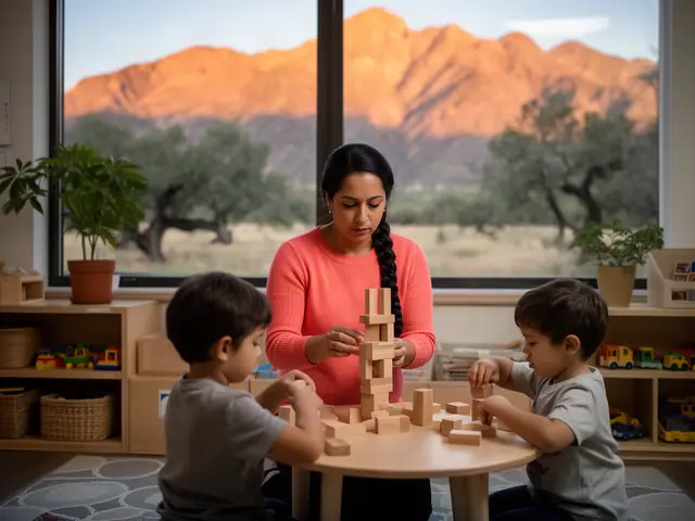 A child-care owner building a block tower with two small children.