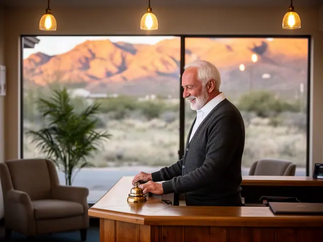 An innkeeper behind the front desk of a small lobby.