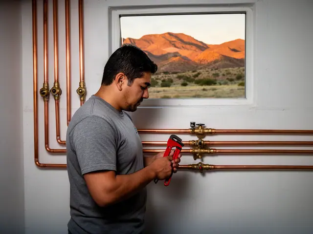 A plumber with a pipe wrench beside new copper piping.