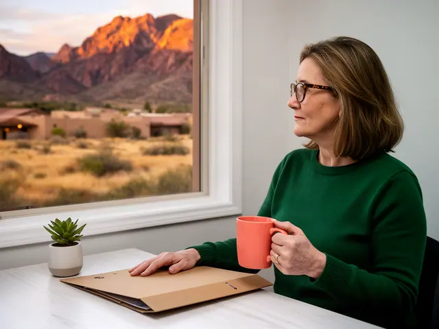 A woman with shoulder-length light-brown hair and tortoiseshell glasses at a desk with a folder and a mug in a small back office.