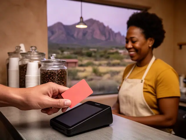 A customer taps a card on a counter terminal at a small coffee roastery.