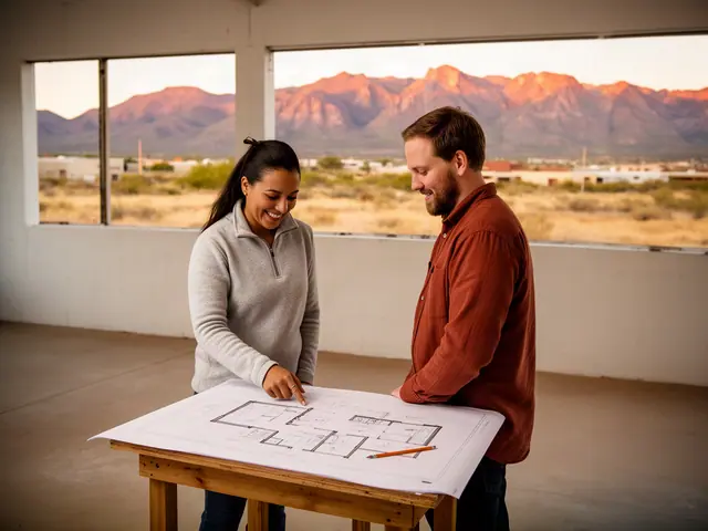 Two business partners looking over a pencil floor sketch in an empty storefront.