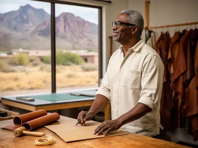 A man with short gray hair and black-framed glasses at a work table with a closed folder in a small leather-goods workshop.